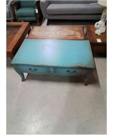TABLE BASSE STYLE REGENCE  ACAJOU LAQUE  BLEU 2 TIROIRS PLATEAU MDF B 020